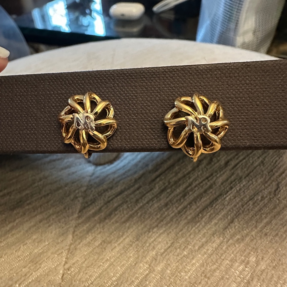 Nina Ricci 24k Gold plated Twisted Floral Logo Clip-On Earrings